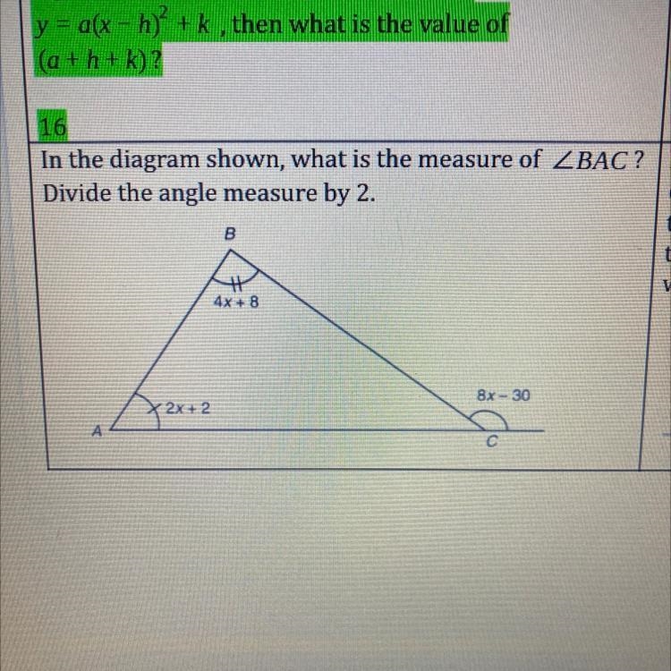 In the diagram shown, what is the measure of ZBAC? Divide the angle measure by 2.-example-1