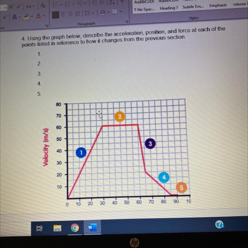 Using the graph below, describe the acceleration, position, and force at each of the-example-1