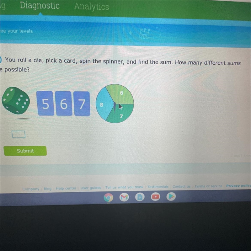 you roll a dice, you pick a card, you spin the spinner, and you find the sum. How-example-1