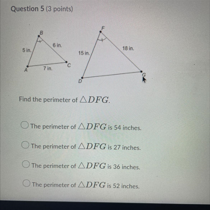 what is the perimeter of triangle DFG. The perimeter of triangle DFG is 54 inches-example-1