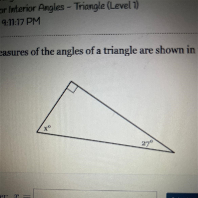 The measure of the angle of a triangle are shown in the figure below. solve for x-example-1