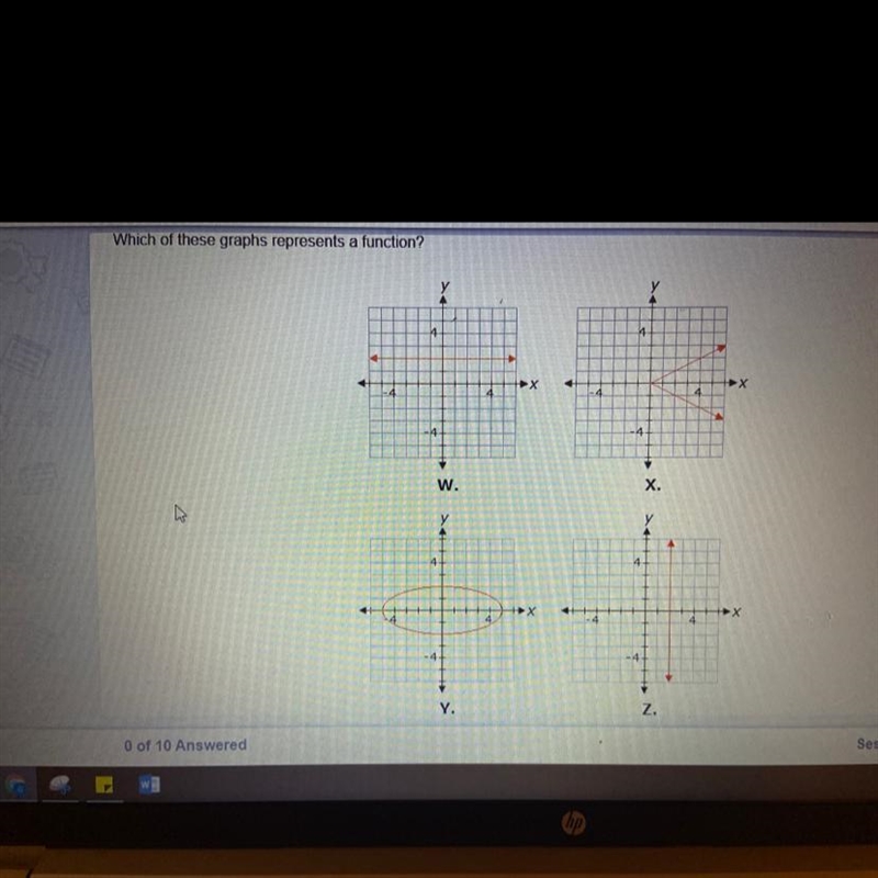 Relations and Functions Тос Which of these graphs represents a function? w. X. у X-example-1