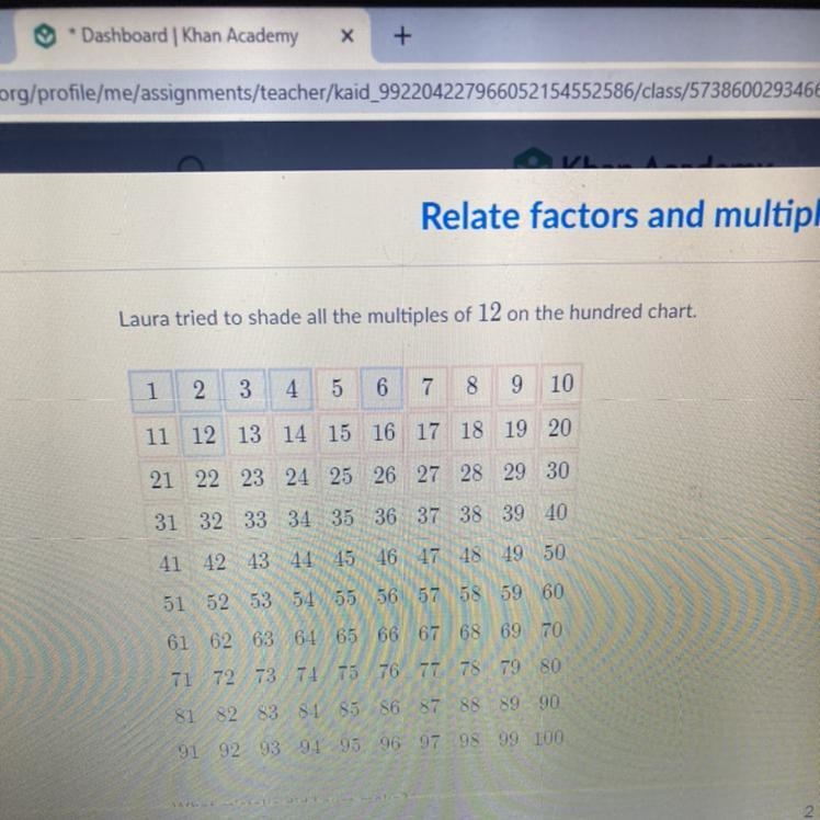 Laura tried to shade all the multiples of 12 on the hundred chart. A Laura shaded-example-1