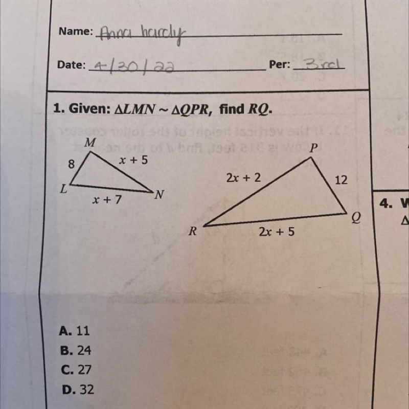 1. Given: LMN ~ QPR, find RQ.-example-1