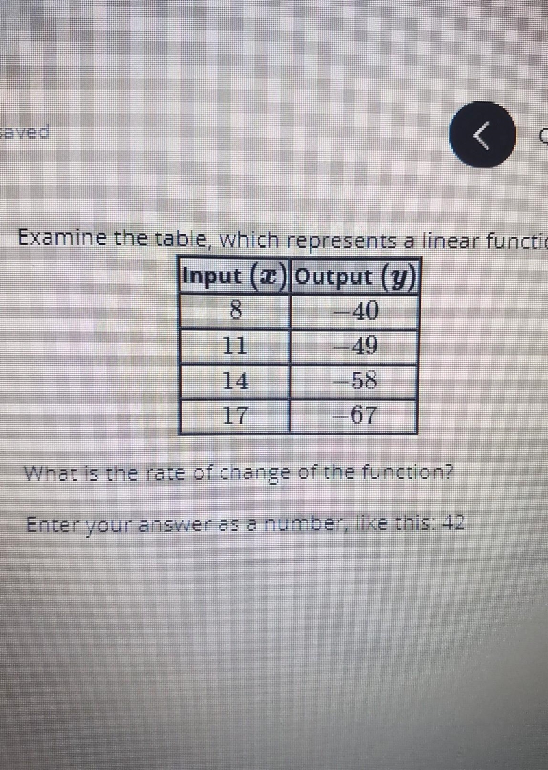 Examine the table, which represents a linear function. Input (C) output (y) 8 -40 -49 -58 What-example-1