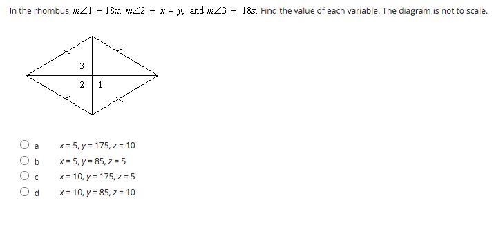 In the rhombus, m<1=18x, m<2=x+y, and m<3=18z. Find the value of each variable-example-1