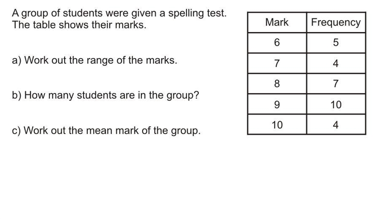 A. work out the range b. how many students are in the group c. work out the mean mark-example-1