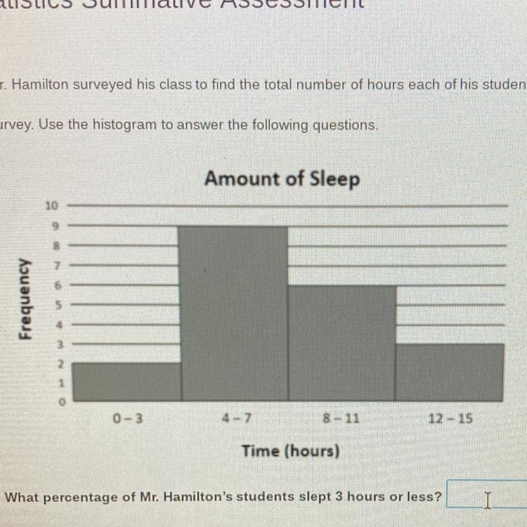 Amount of Sleep 10 9 8 Frequency 2 0-3 4-7 8-11 12-15 Time (hours) What percentage-example-1