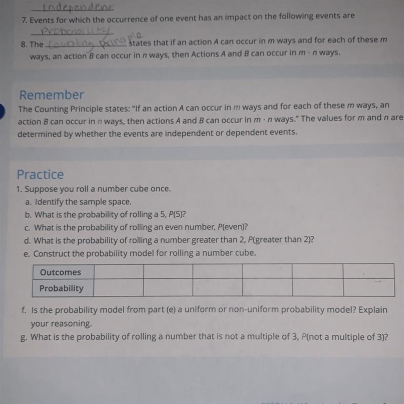 Practice 1. Suppose you roll a number cube once. a. Identify the sample space. b. What-example-1