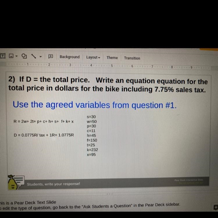 If D= the total price. Write an equation for the total price in dollars for the bike-example-1