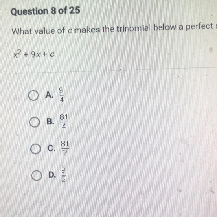 What value of c makes the polynomial below a perfect square?-example-1