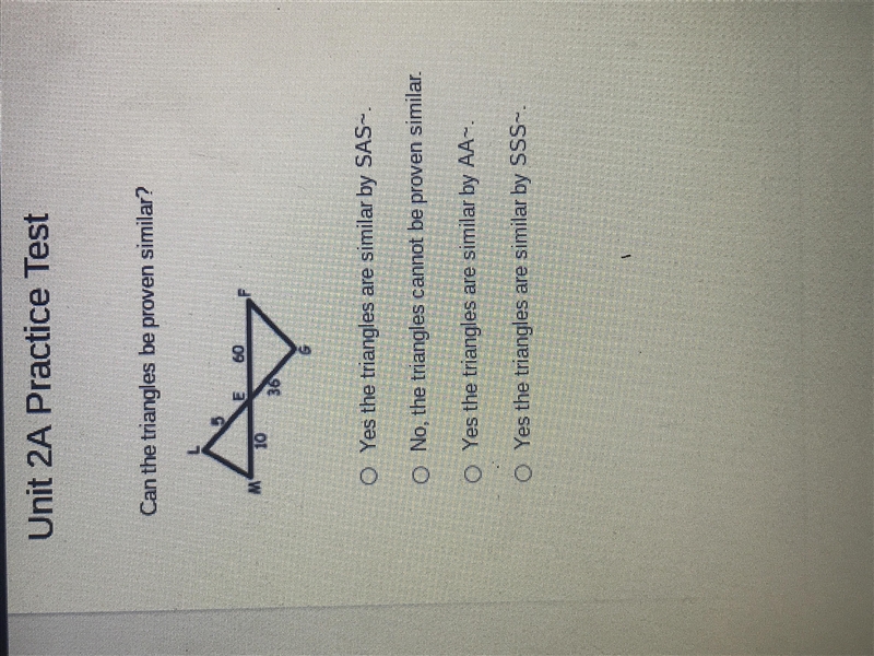 Need help with this question ASAP for geometry! Can the triangles be proven similar-example-1