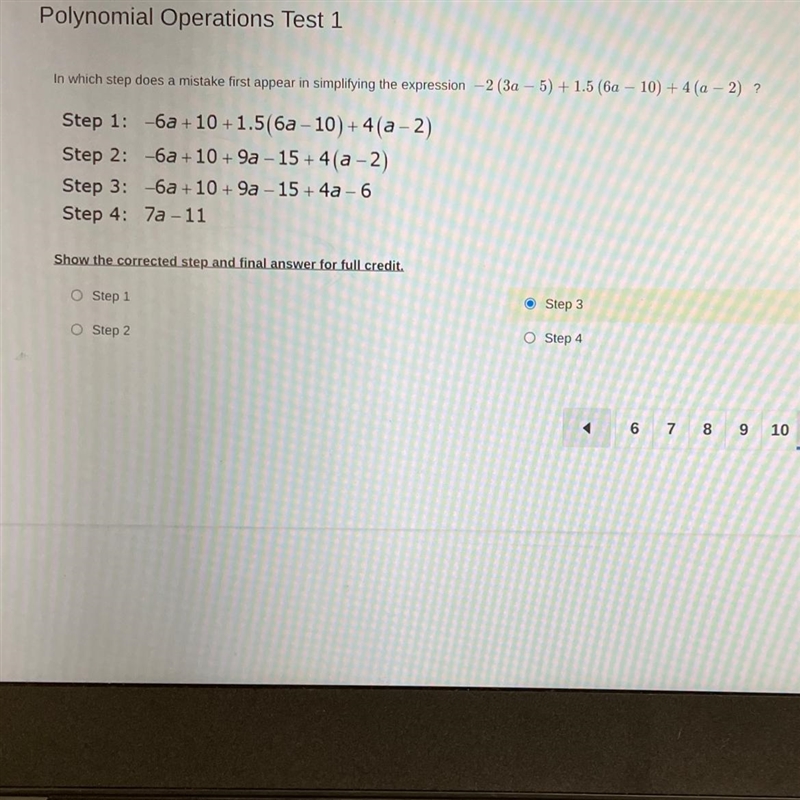 In which step does a mistake first appear in simplifying the expression -2 (3a - 5) + 1.5 (6a-example-1