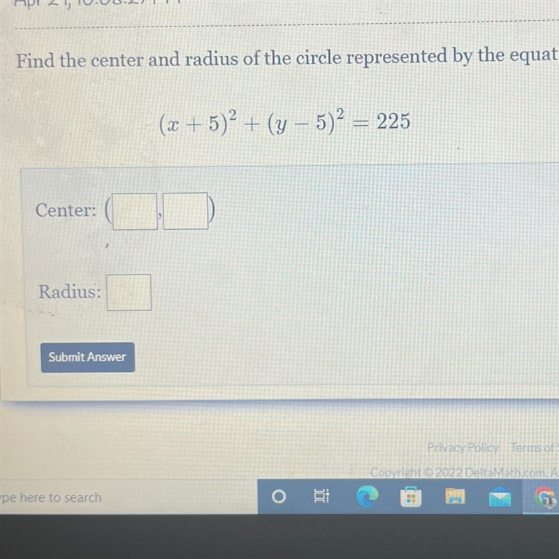 Find the center and radius of the circle represented by the equation below. (x + 5)² + (y-example-1