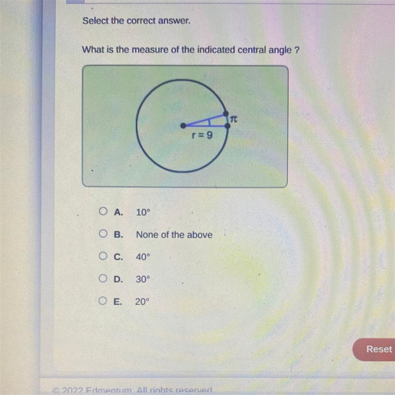 Ez points !!Select the correct answer. What is the measure of the indicated central-example-1