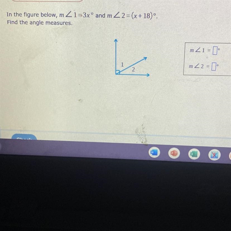 In the figure below, m1=3x° and m2 = (x+18)°. Find the angle measures. L 2 m 21 = m-example-1