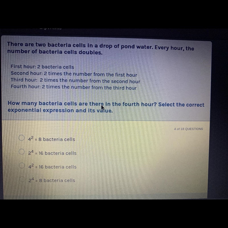 There are two bacteria cells in a drop of pond water. Every hour, the number of bacteria-example-1