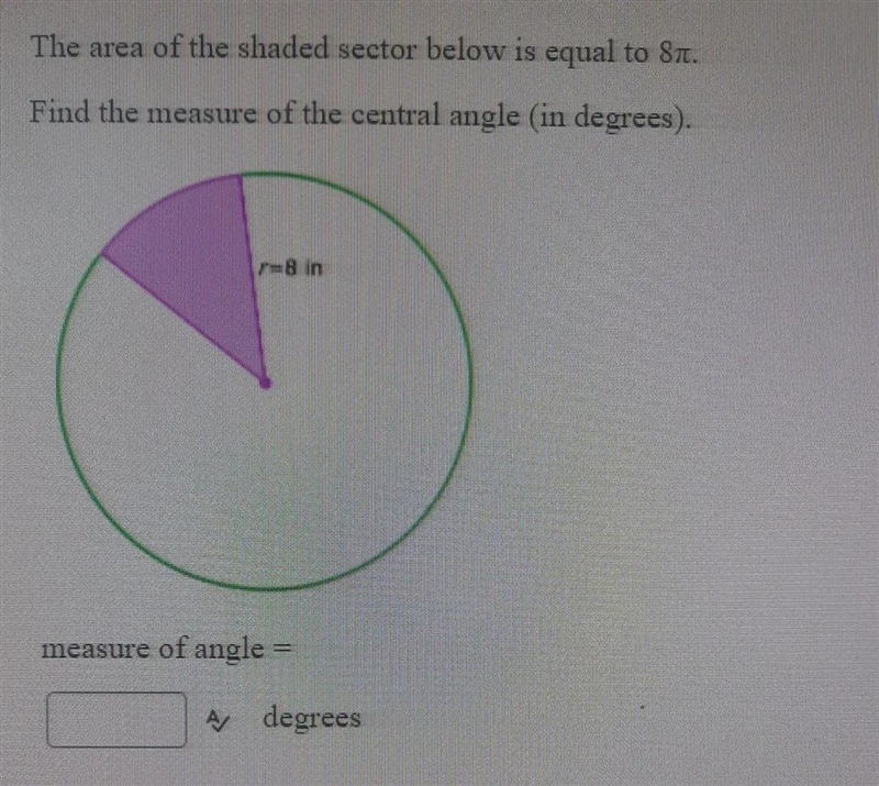 The area of the shaded sector below is equal to 8 pie.Find the measure of the central-example-1