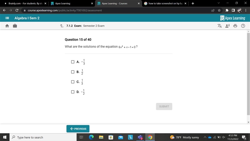 What are the solutions of the equation 6x^2+x-2= 0-example-1