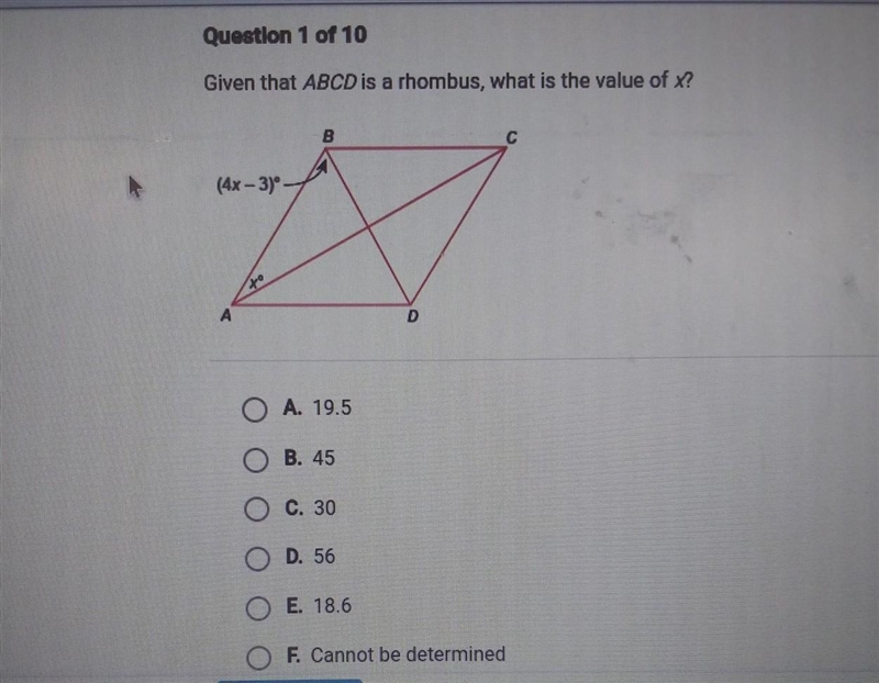 Given that ABCD is a rhombus, what is the value of x? ​-example-1