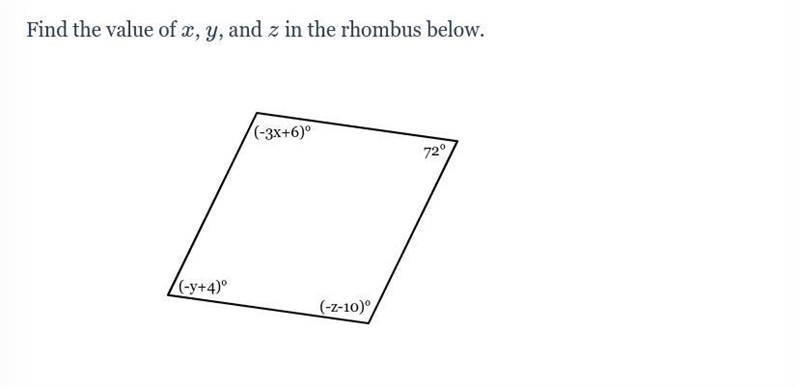 Please help!!! Find the value of x, y, and z in the rhombus below.-example-1