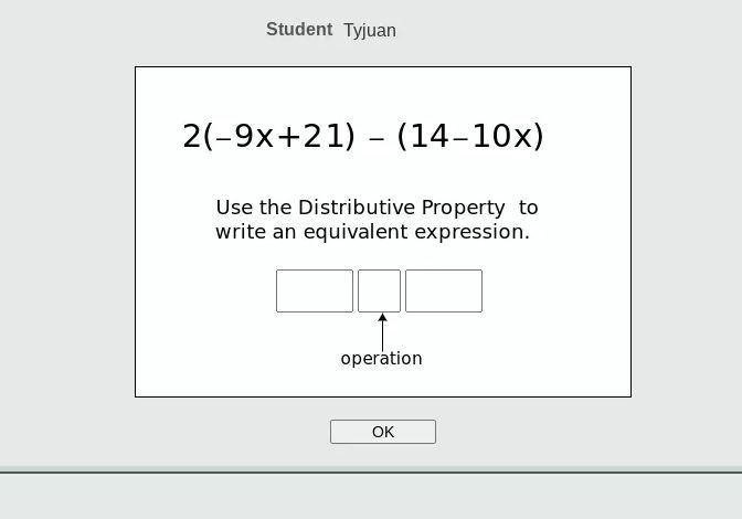 2(-9x+21) - (14-10x)Use the Distributive Property towrite an equivalent expression-example-1