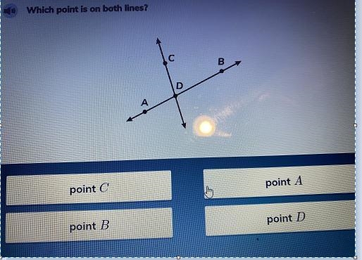 Which point is on both lines?с00BDАpoint Cpoint Apoint Bpoint D-example-1