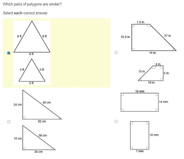 Which pairs of polygons are similar? Select each correct answer.-example-1