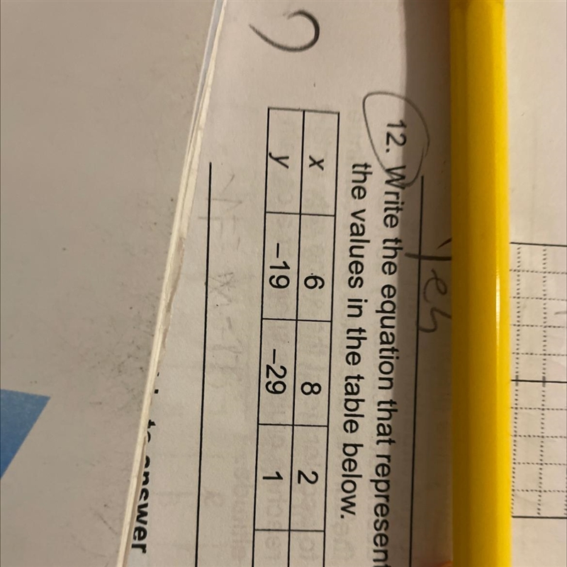 12. Write the equation that represents the values in the table below. X 8 y -29 INS-example-1