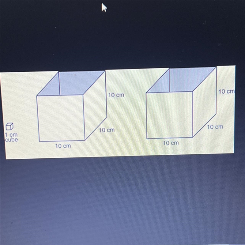 2. Ms. Lucci has two cubic containers with sides 10 centimeters (cm) long, as shown-example-1