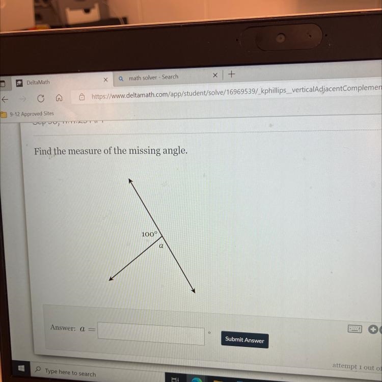 Find the measure of the missing angle. Answer: a = 100° a-example-1