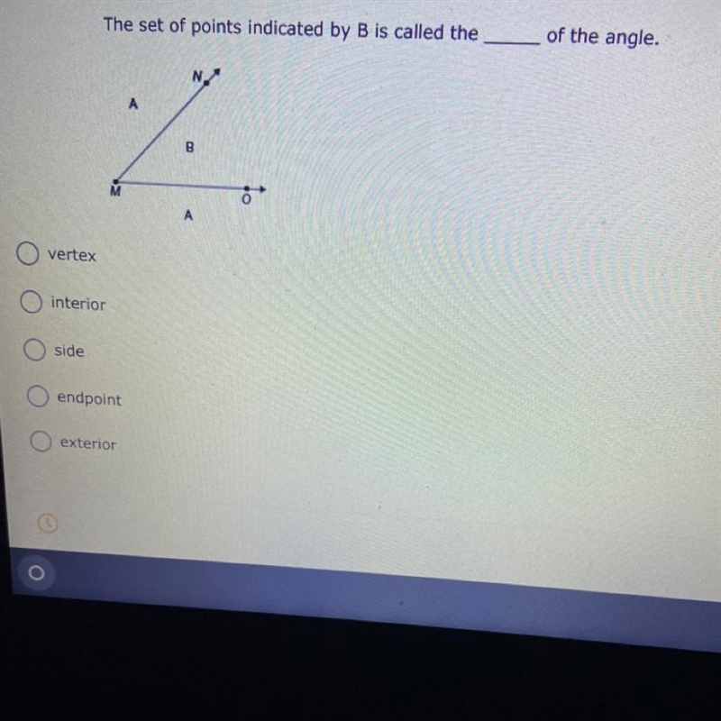 The set of points indicated by B is called the ____ of the angle.-example-1