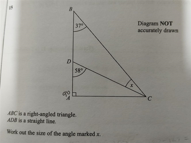 Pls help ABC is a right angled triangle ADB is a straight line work out the size of-example-1