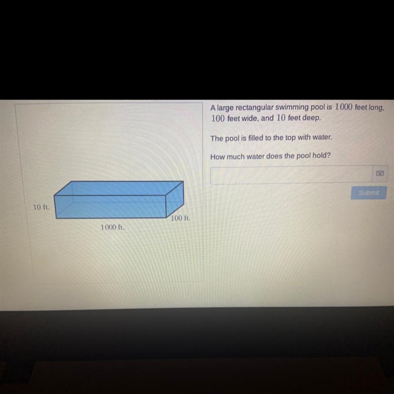 1000 ft. Problem 3.2 100 ft. A large rectangular swimming pool is 1000 feet long, 100 feet-example-1