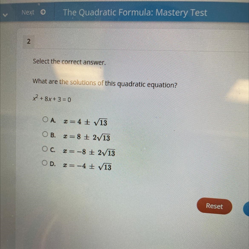 Select the correct answer what are the solutions of this quadratic equation x^2+8x-example-1