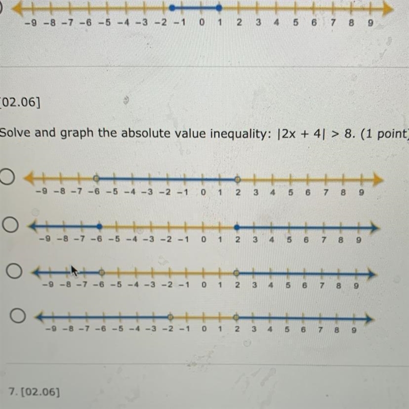 [02.06] Solve and graph the absolute value inequality: 12x + 4 > 8. (1 point) -9 -8 -7 -6 -5 -4 -3 -2 -1 0 1 2 3 4 5 6 7 8 9 -9-8-7 -6 -5 -4 -3 -2 -1 0 1 2 3 4 5 6 7 8 9 -9-8-7-6-5-4-3 -2 -1 0 1 2 3 4 5 7 8 g-example-1