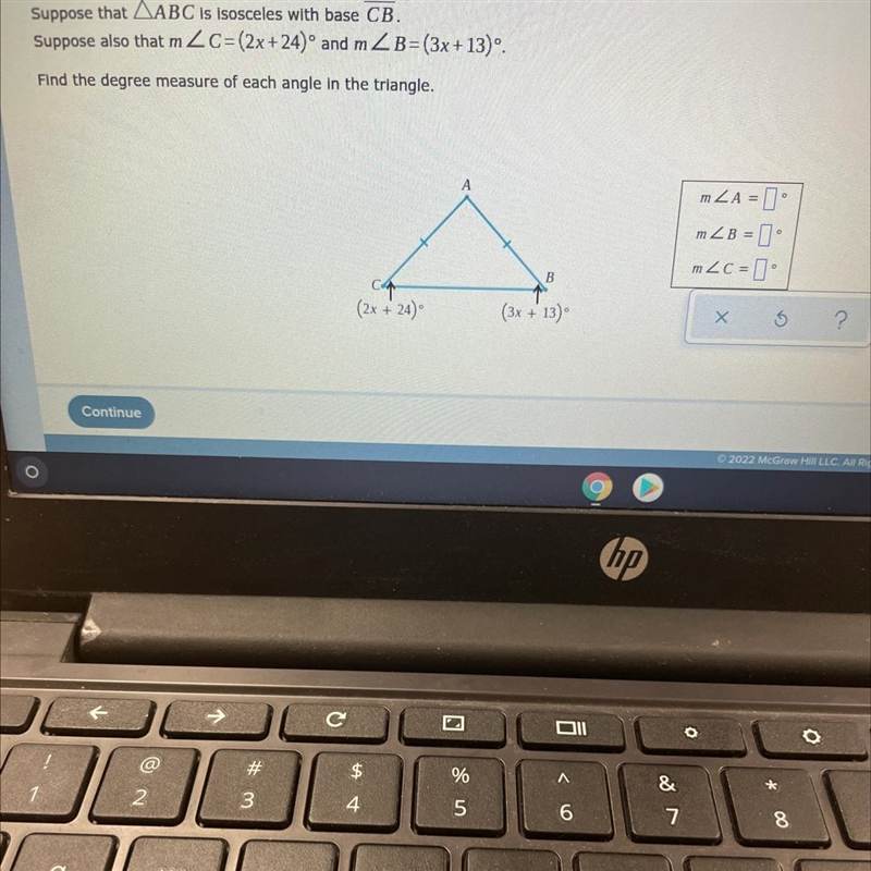 Suppose that ABC is isosceles with base CB.Suppose also that m L C= (2x+24)° and m-example-1