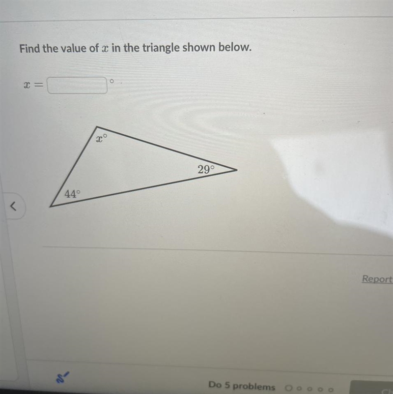 Find the value of x in the triangle shown below. X = 44° xo 29°-example-1