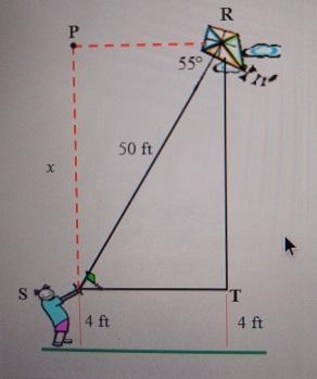 Penny is flying a kite that is at the end of 50 ft of string. The kite makes a 55° angle-example-1