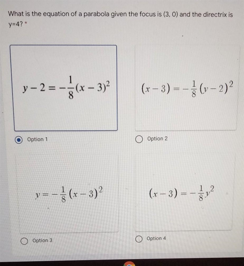 What is the equation of a parabola given the focus is (3,0) and the directrix is y-example-1