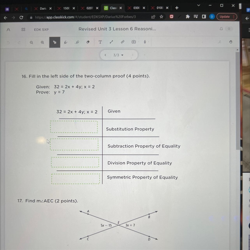 16. Fill in the left side of the two-column proof (4 points). Given: 32= 2x + 4y; x-example-1