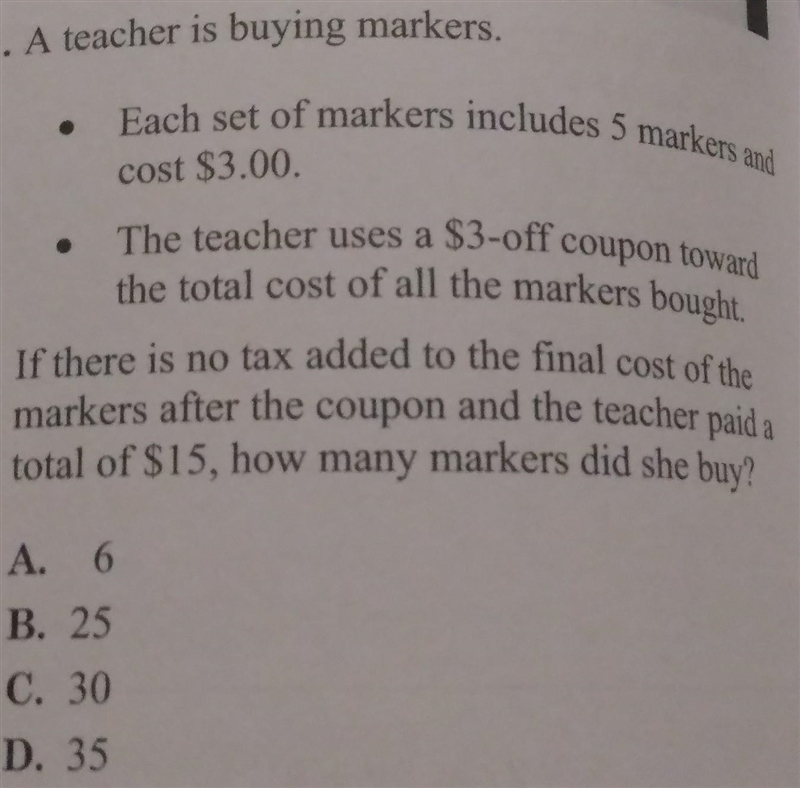 A teacher is buying markers. Each set of markers includes 5 markers and cost $3.00. The-example-1