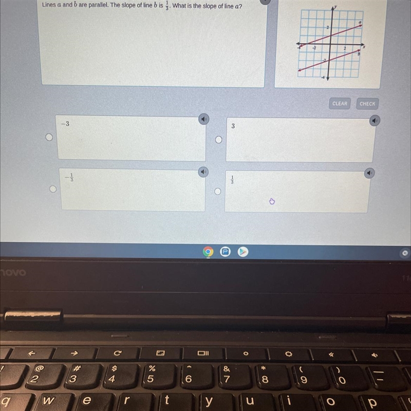 Lines a and b are parallel. The slope of line b is 1/3. What is the slope of line-example-1