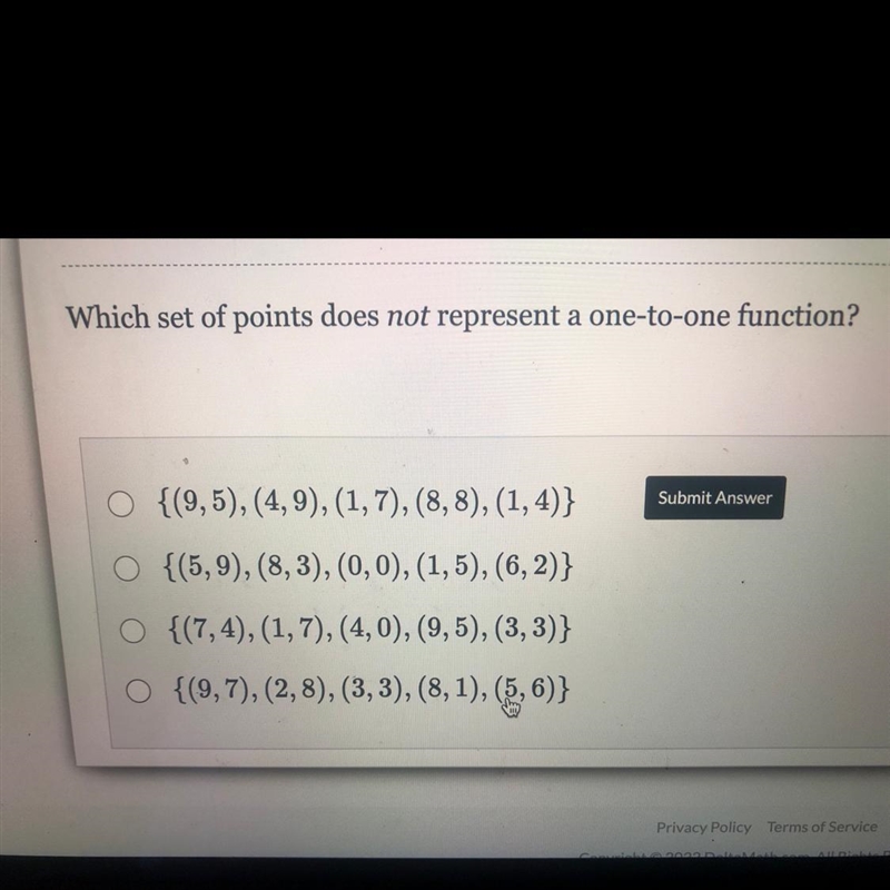 Which set of points does not represent a one-to-one function? {(9,5), (4,9), (1,7), (8,8), (1,4)} {(5,9), (8,3), (0, 0), (1,5), (6, 2)} {(7,4), (1,7), (4,0), (9,5), (3, 3)} {(9,7), (2,8), (3, 3), (8, 1), (5, 6)}-example-1