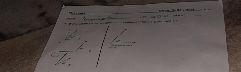 Which figure shows an adjacent complement for the given angle?-example-1