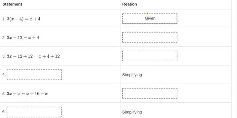 Drag a statement or reason to each box to complete the proof. If 3(x−4)=x+4, then-example-1