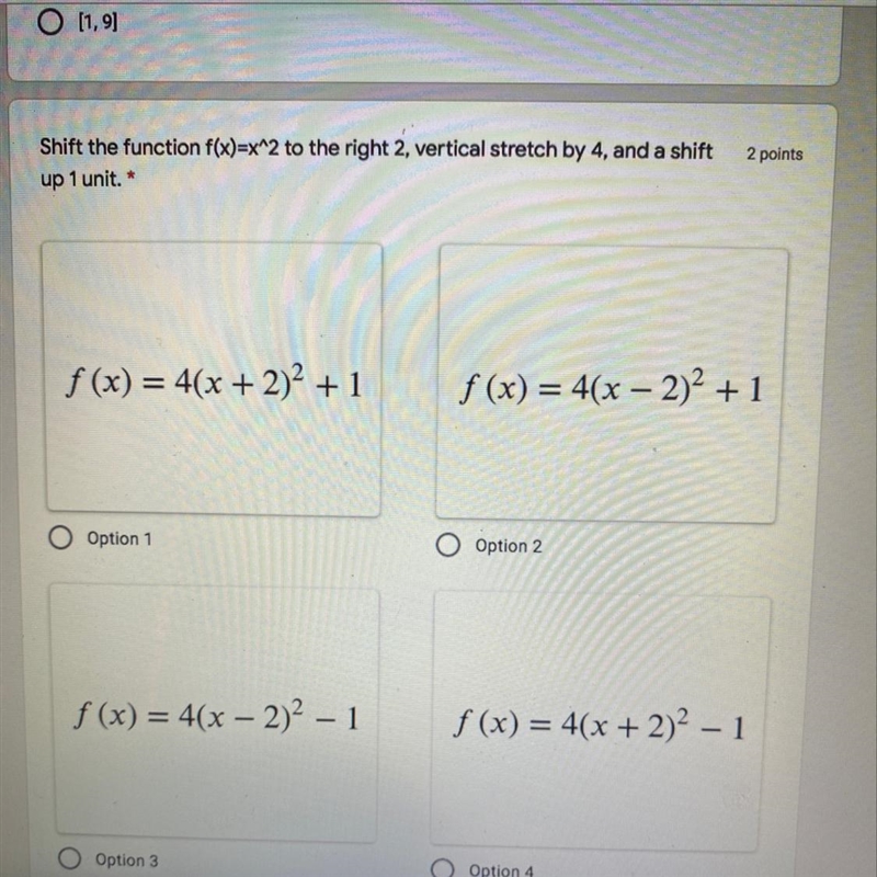 Shift the function f(x)=x^2 to the right 2, vertical stretch by 4, and a shiftup 1 unit-example-1