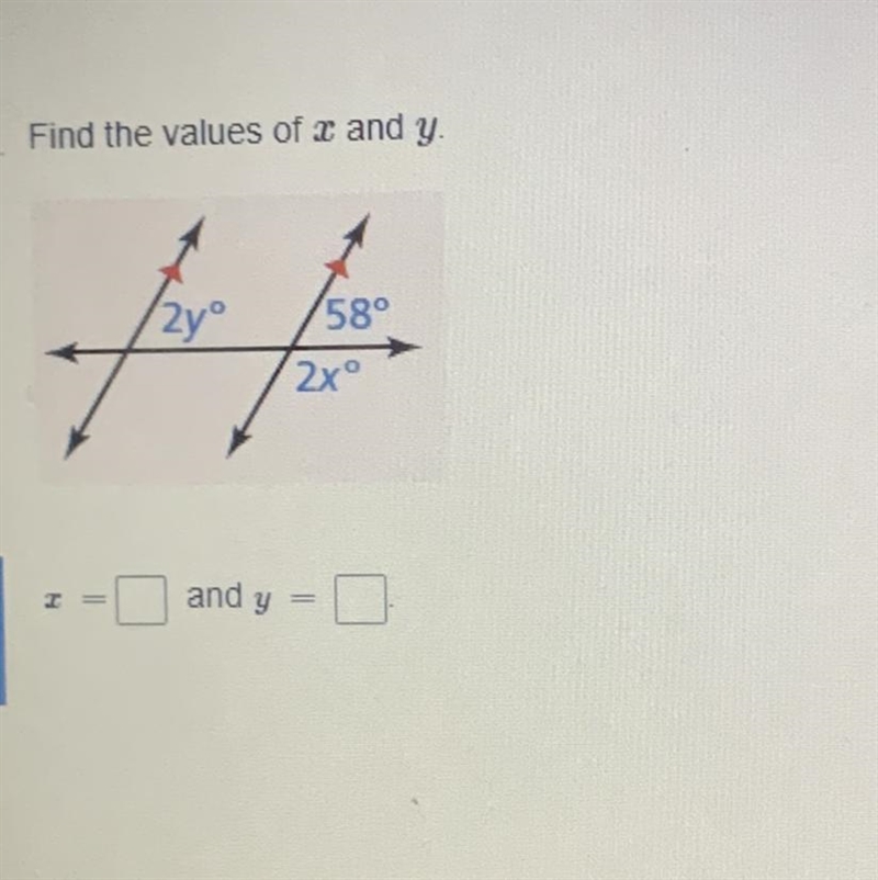 Find the values of x and y . x= and y=-example-1