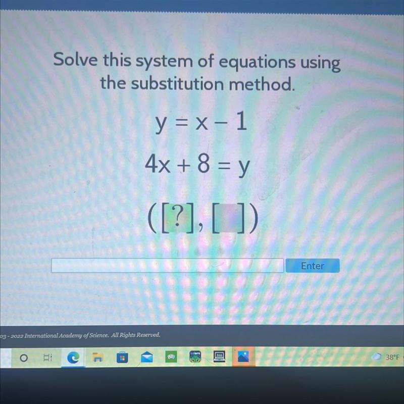 Solve this system of equations usingthe substitution method.y = x - 14x + 8 = y=([?], [])-example-1