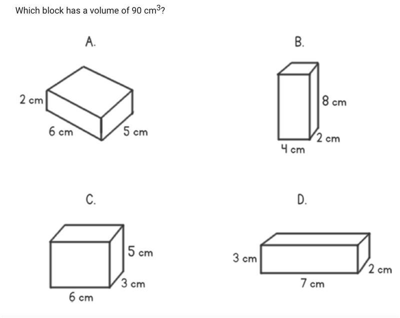 Which block has a volume of 90 cm3?-example-1